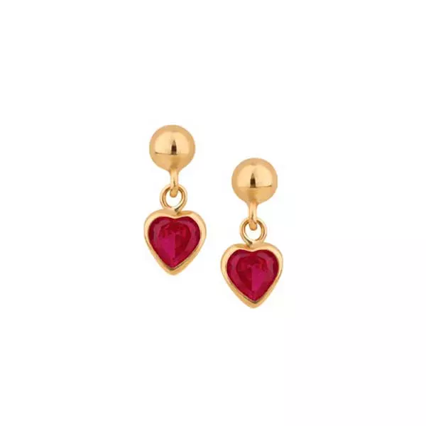 Brinco De Ouro 18k Com Pedra De Zircônia Rubi Coração 4mm