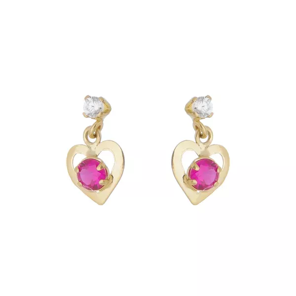 Brinco De Ouro 18k Coração Com Zircônia Rubi