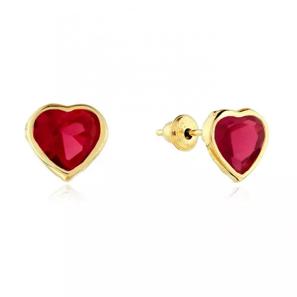 Brinco De Ouro 18k Coração de Zircônia Rubi 5,0mm 