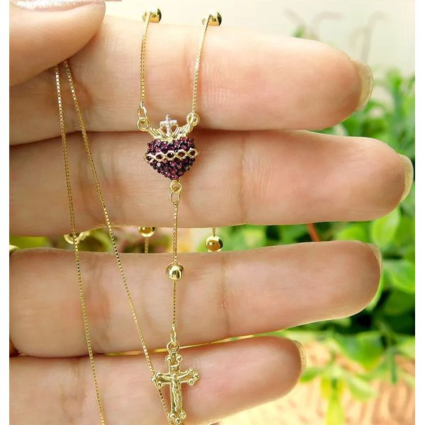 Gargantilha Meio Terço De Ouro 18k Com 45cm e Sagrado Coração De Jesus