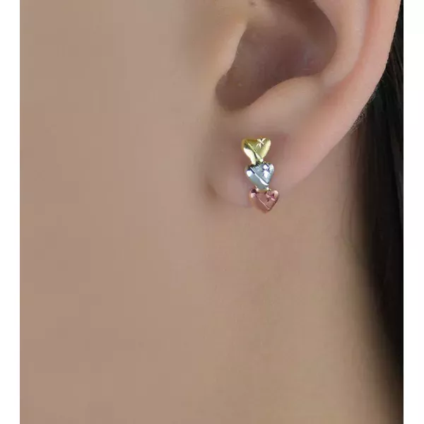 Brinco De Ouro 18k Corações Tricolores