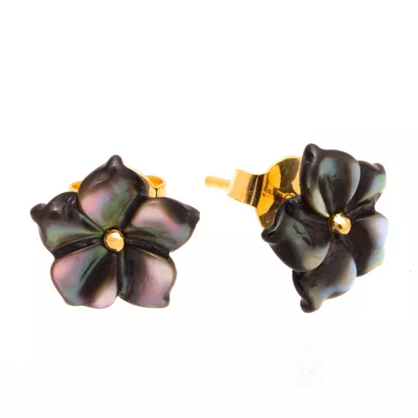 Brinco de Ouro 18K Flor de Madre Pérola Negra de 10mm