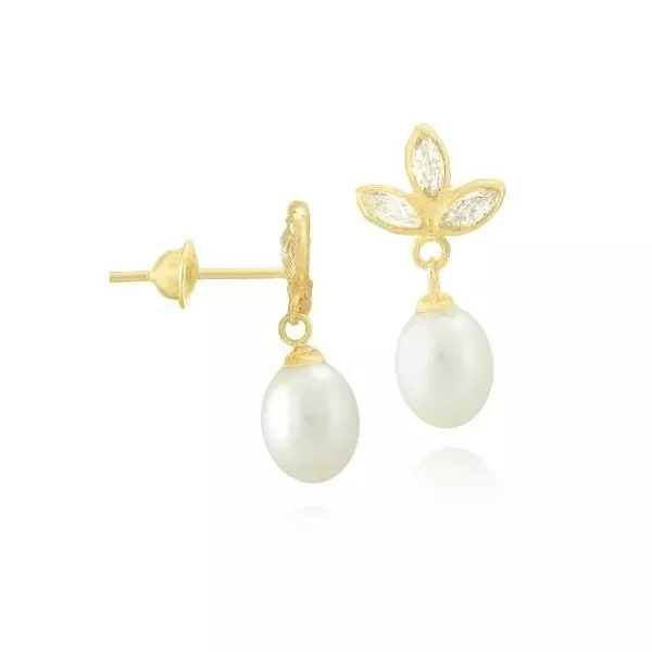 Brinco De Ouro 18k Flor De Zircônias Com Pérola