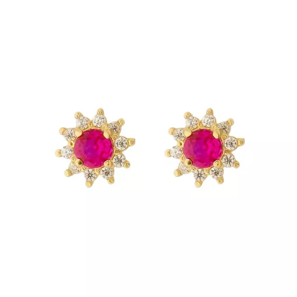 Brinco De Ouro 18k Flor Rubi de Zircônias