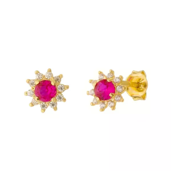 Brinco De Ouro 18k Flor Rubi de Zircônias