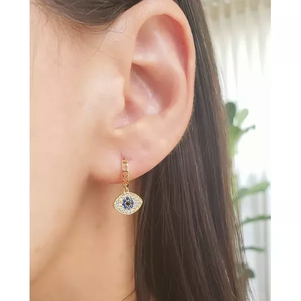 Brinco De Ouro 18k Meia argola com olho grego de zircônia