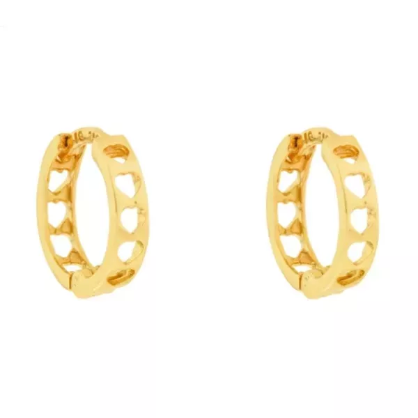 Brinco De Ouro 18k Meia argola corações vazado