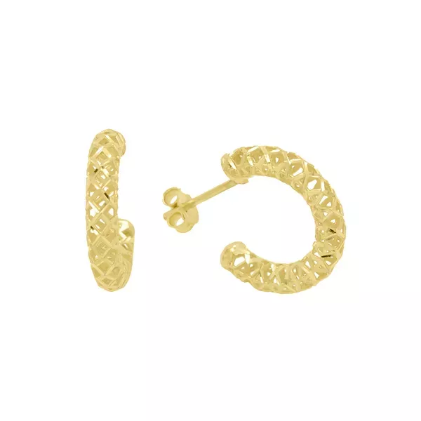 Brinco De Ouro 18k Meia Argola Diamantada