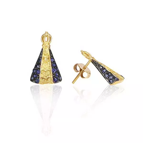 Brinco De Ouro 18k Nossa Senhora Da Aparecida Com Pedras