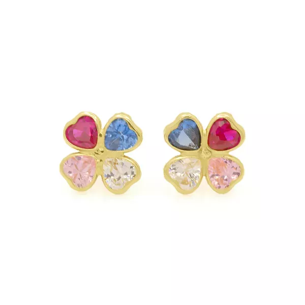 Brinco De Ouro 18k Trevo De Zircônias Coloridas Com 9mm