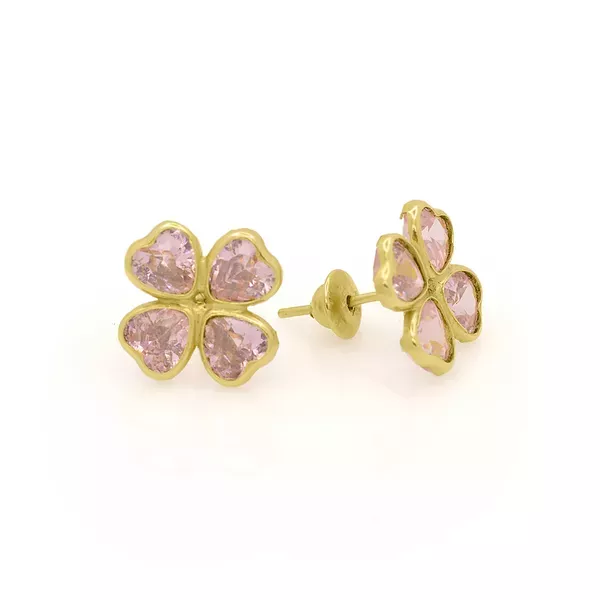 Brinco De Ouro 18k Trevo De Zircônias Rosas Com 9mm