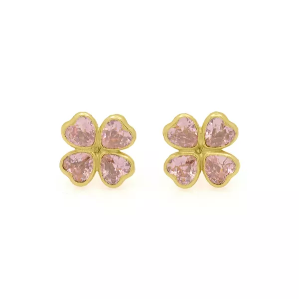Brinco De Ouro 18k Trevo De Zircônias Rosas Com 9mm