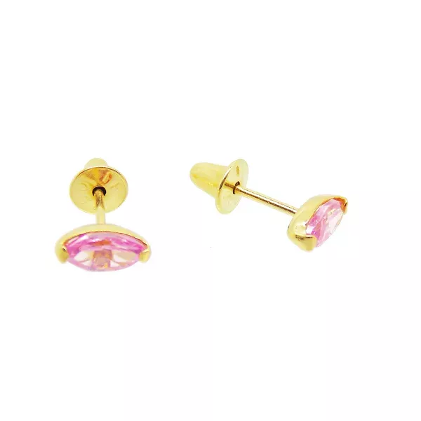 Brinco De Ouro 18k Zircônia Navete Rosa De 5mm