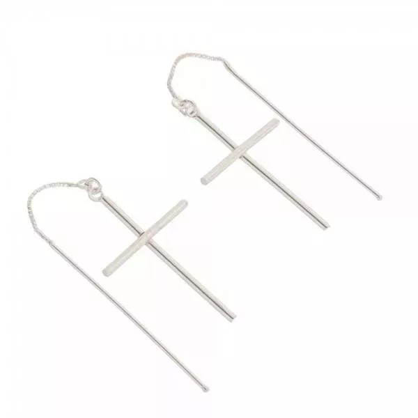 Brinco De Ouro Branco 18k Cruz Com Passante