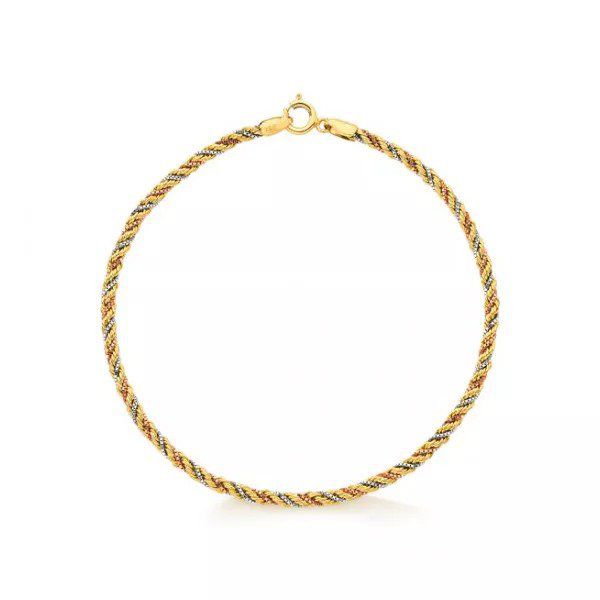 Pulseira De Ouro 18k Corda Tricolor De 2,1mm Com 16cm