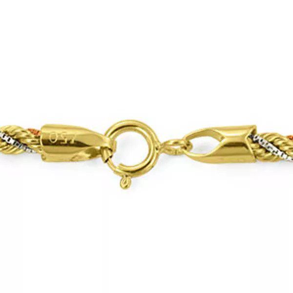 Pulseira De Ouro 18k Corda Tricolor De 2,1mm Com 16cm