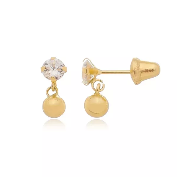 Brinco infantil de Ouro 18k Bolinha Com Pedra De Zircônia De 3mm