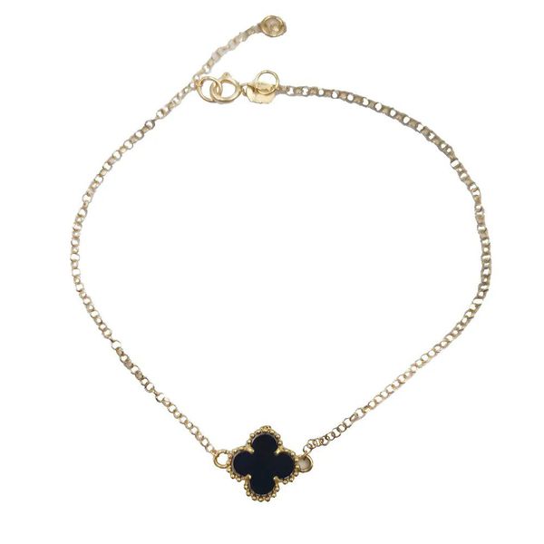 Pulseira De Ouro 18k Elo Português Com Trevo Pedra Ônix 