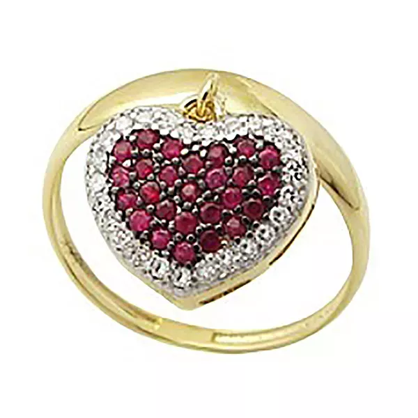 Anel De Ouro 18k Com Coração De Rubis