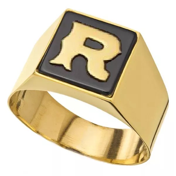 Anel De Ouro 18k Comendador Com Pedra Ônix e Letra