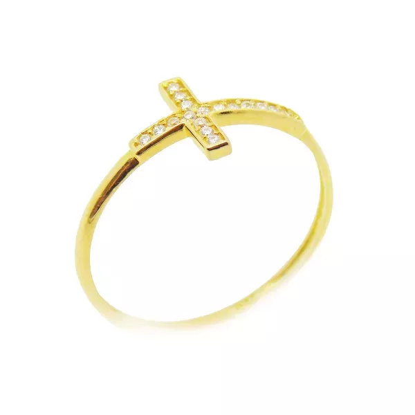 Anel De Ouro 18k Cruz De 1,5mm Com Zircônias