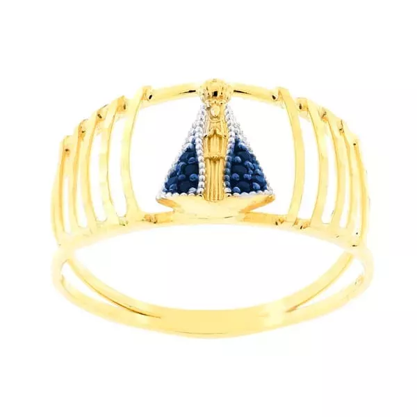 Anel De Ouro 18k Nossa Senhora Da Aparecida Diamantado Com Zircônias