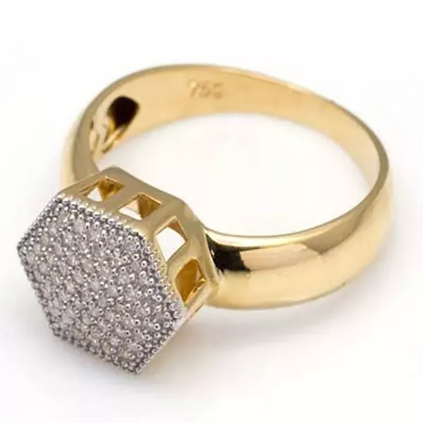 Anel De Ouro 18k Pavê Hexágono Com Zircônias