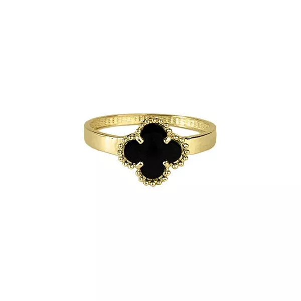 Anel de Ouro 18k Trevo Pedra Ônix 