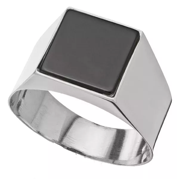 Anel De Ouro Branco 18k Comendador Com Pedra Ônix