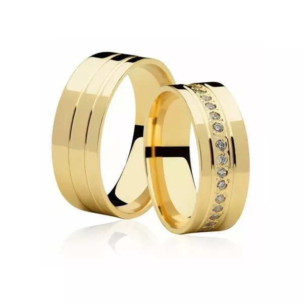 Par De Aliança Casamento De Ouro 18k Quadrada Solest De 7,0mm Com Zircônia