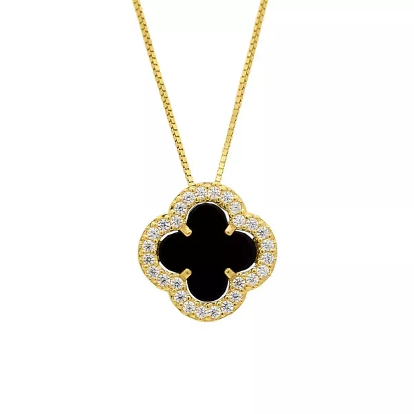 Pingente De Ouro 18k Trevo Com Pedra Ônix e Zircônias