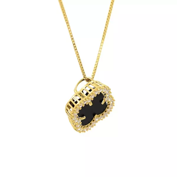 Pingente De Ouro 18k Trevo Com Pedra Ônix e Zircônias