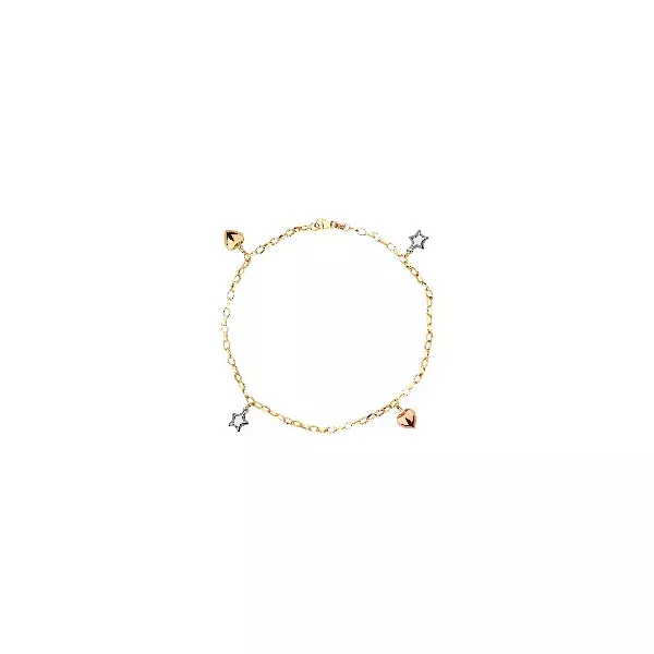 Pulseira De Ouro 18k Corações e Estrelas Tricolor Com 19cm