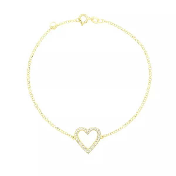 Pulseira De Ouro 18k Elo Português com Coração com Zircônia 