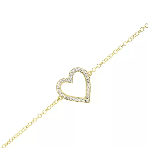 Pulseira De Ouro 18k Elo Português com Coração com Zircônia 