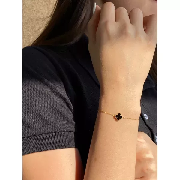 Pulseira De Ouro 18k Elo Português Com Trevo Pedra Ônix 
