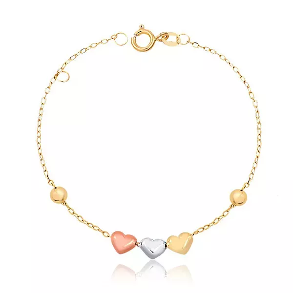 Pulseira Infantil De Ouro 18k Cartie De 13cm com Bolinha e Corações tricolor