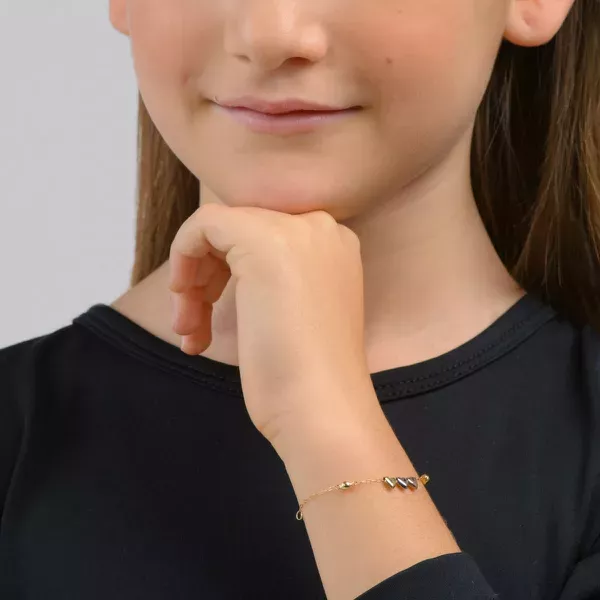 Pulseira Infantil De Ouro 18k Cartie De 13cm com Bolinha e Corações tricolor