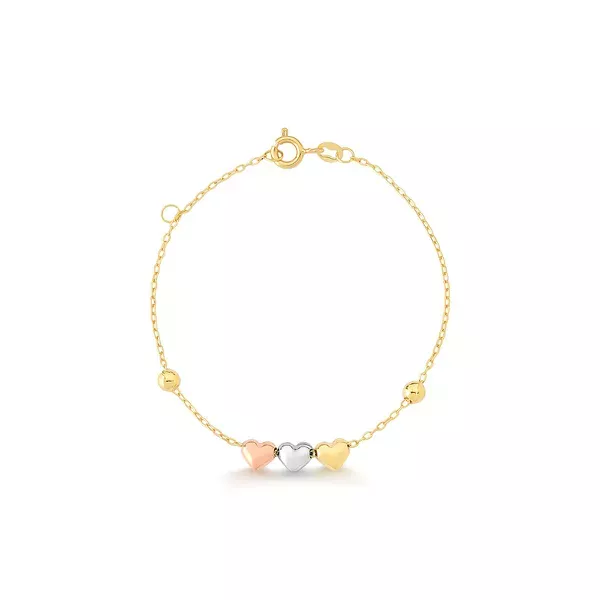 Pulseira Infantil De Ouro 18k Cartie De 13cm com Bolinha e Corações tricolor