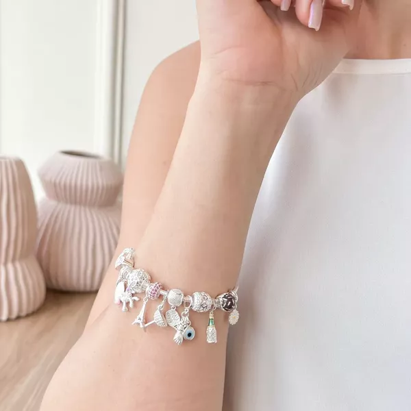 Pulseira De Prata 925 Berloques Coração Com 19cm 