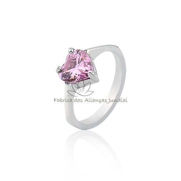 Anel Solitário Com Pedra De Coração Rosa