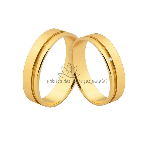 Aliança Em Ouro 18k Com Friso Lateral e Diamante