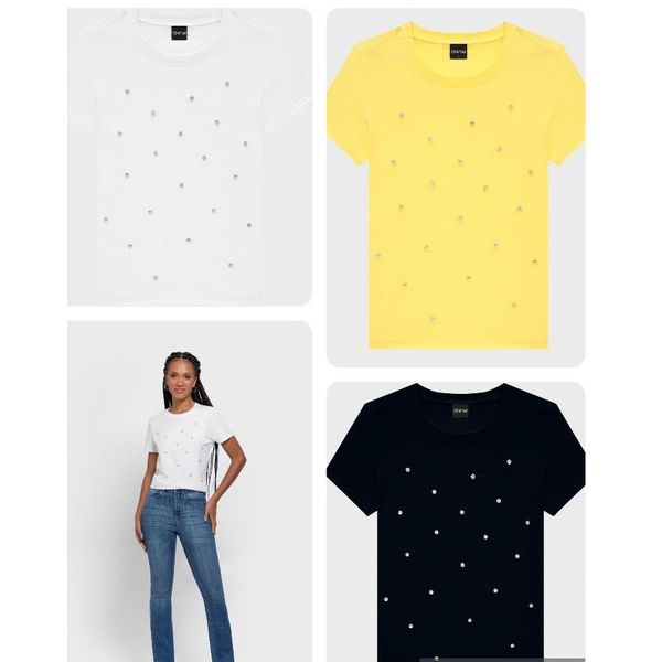 T-Shirt Com Aplique Strass- ENFIM Amarelo