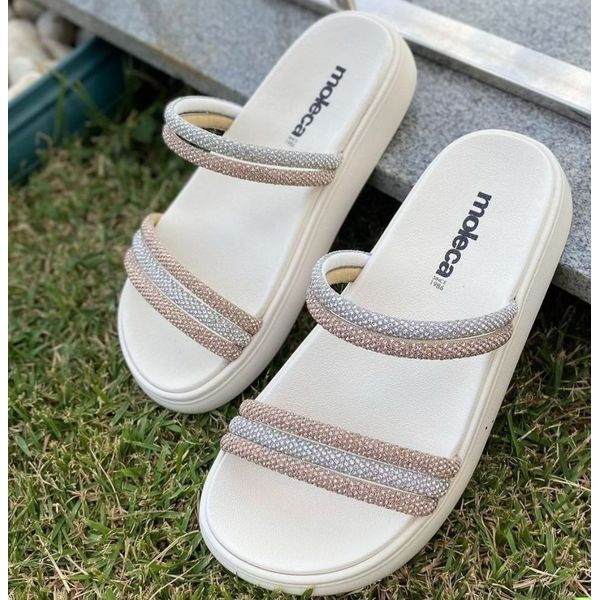Tamanco Sandália Feminino Moleca Off white Strass