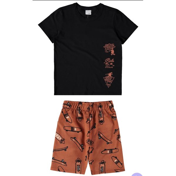 Conjunto Menino Camiseta e Bermuda Em Moletinho Malwee Kids Preto