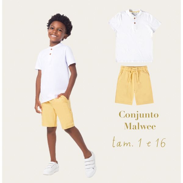 CONJUNTO INFANTIL MENINO CAMISETA E BERMUDA EM MOLETINHO MALWEE KIDS BRANCO 