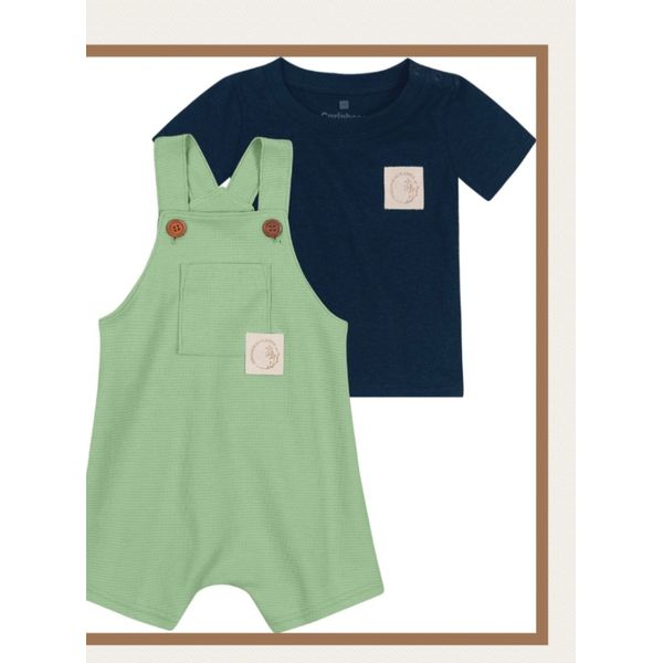 Conjunto Infantil Masculino Jardineira Verde e Camiseta Azul Marinho