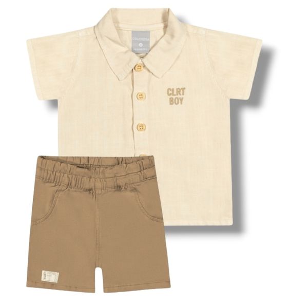 Conjunto Infantil Masculino Camisa Cru Bermuda Bege