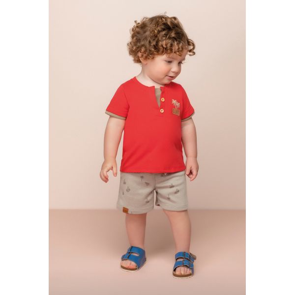 Conjunto Masculino Bermuda Bege e Camiseta Malha Vermelha