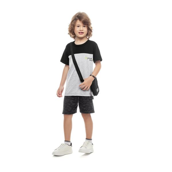 Conjunto de Camiseta em Meia Malha Beyond Limits Preta e Mescla e Bermuda em Moletinho Jet Preto Kamylus